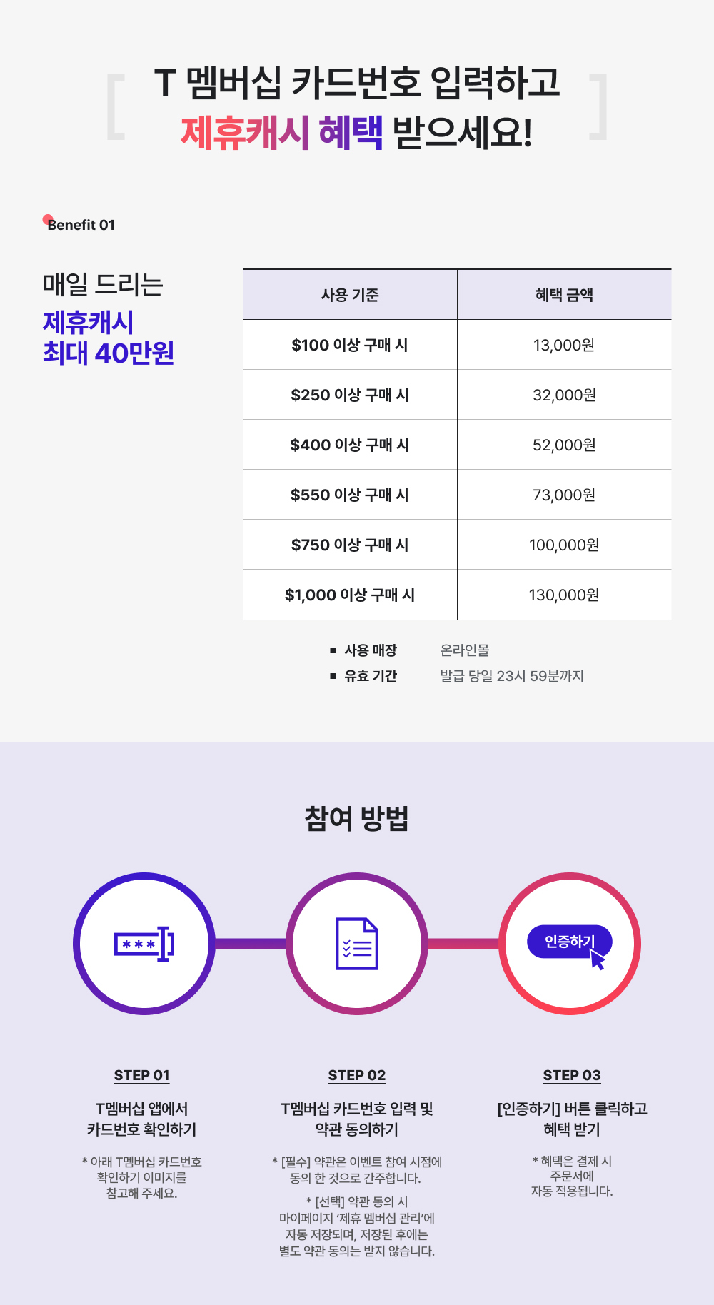T 멤버십 카드번호 입력하고 제휴캐시 혜택 받으세요