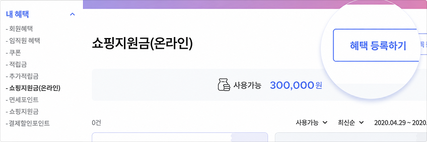쇼핑지원금(온라인) 지급 화면