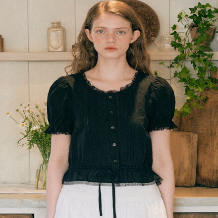 FRILL SHIRRING BLOUSE BLACK FREE