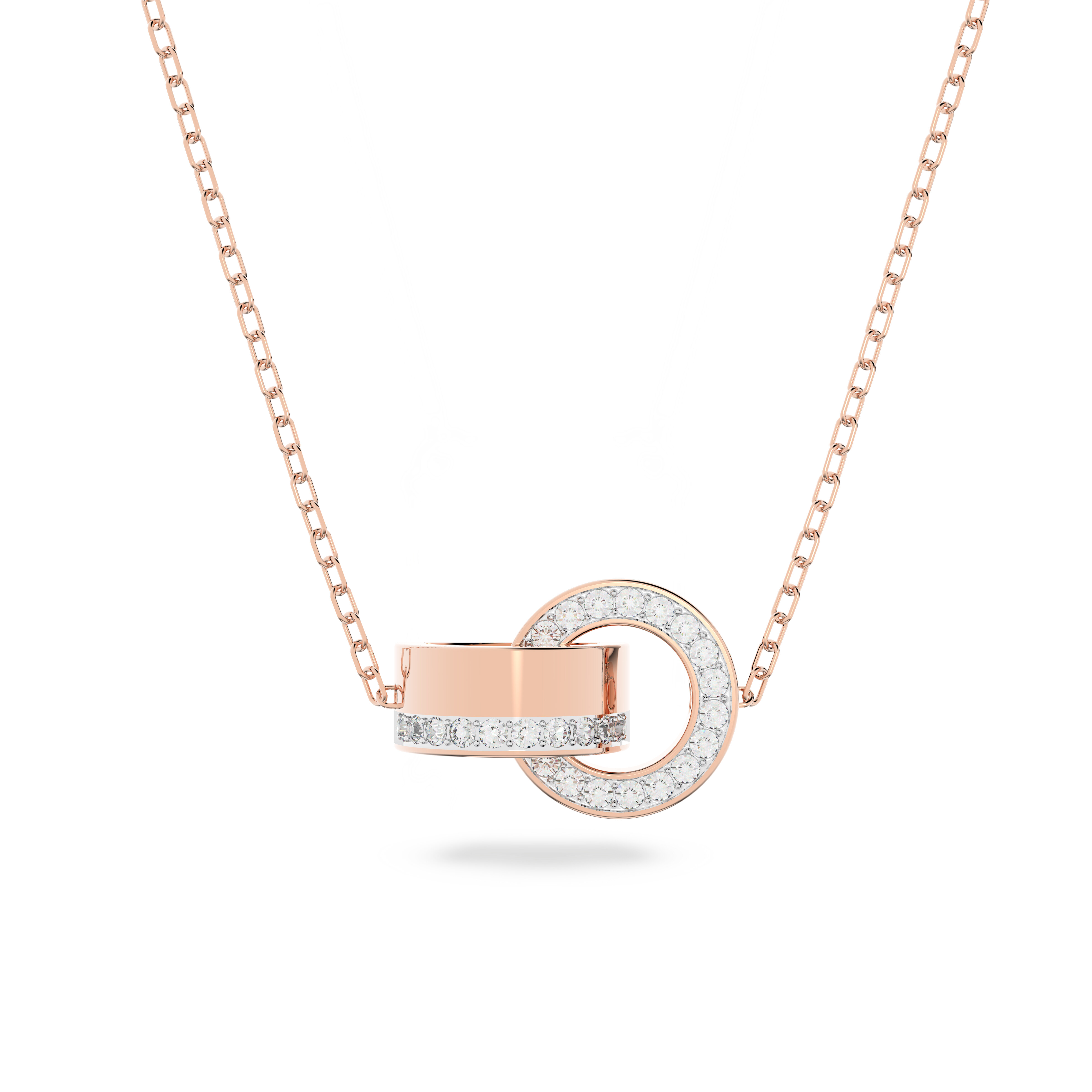 Hollow pendant, Intertwined circles, Small, White, Rose gold-tone ...