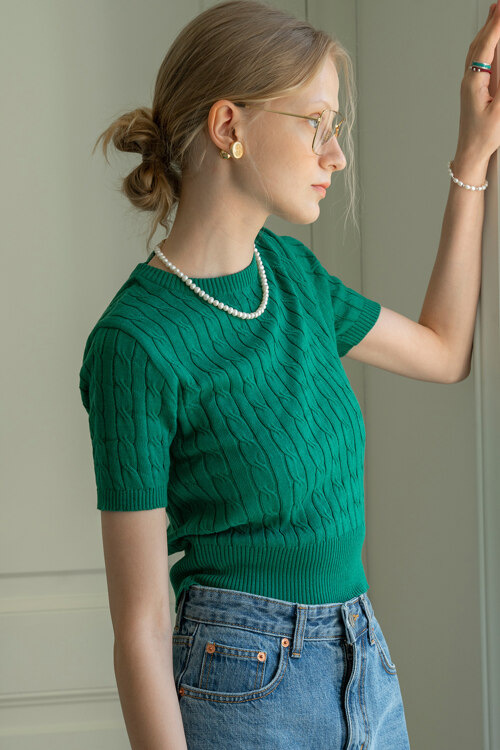 SIKN2029 cotton crop cable knit_Green 上衣