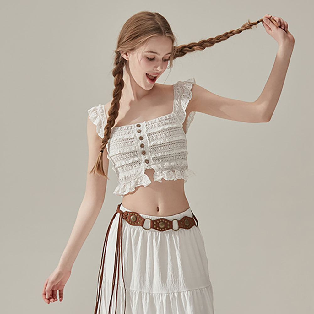 Lace Button Sleeveless Top One Size 蕾丝纽扣无袖上衣 - 均码
