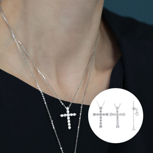 14k 화이트 골드필드 모이사나이트 십자가 목걸이 2.5mm