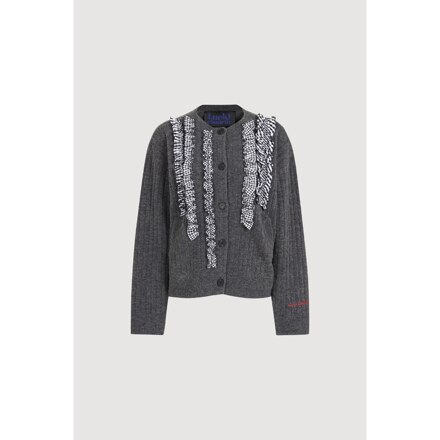 CHECK WOVEN FRILL KNIT CARDIGAN (DARK GREY)