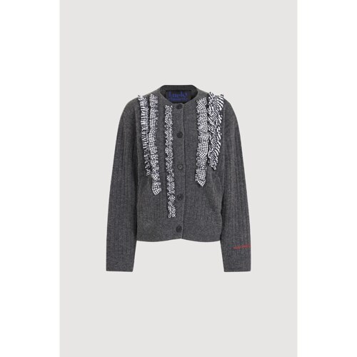 Check Woven Frill Knit Cardigan (dark grey)