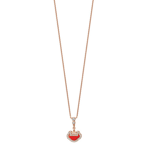Petite Yu Yi necklace in 18K rose gold with diamonds and red agate 项链
