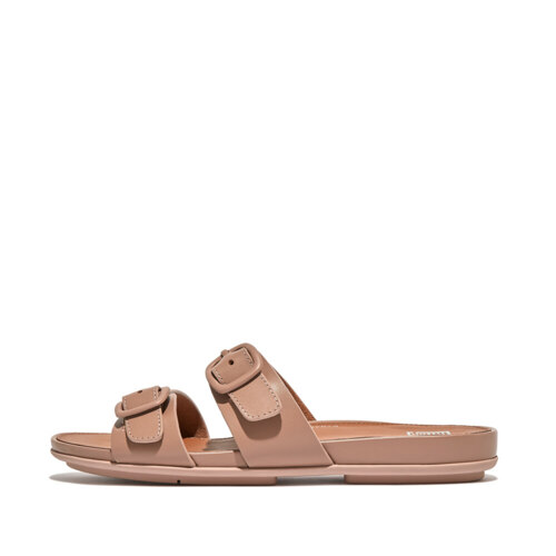 GRACIE RUBBER-BUCKLE TWO-BAR LEATHER SLIDES Beige
