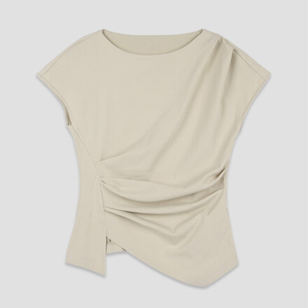 (Z-BL-4225)LOND WAIST TUCK  BLOUSE L/BEIGE FREE