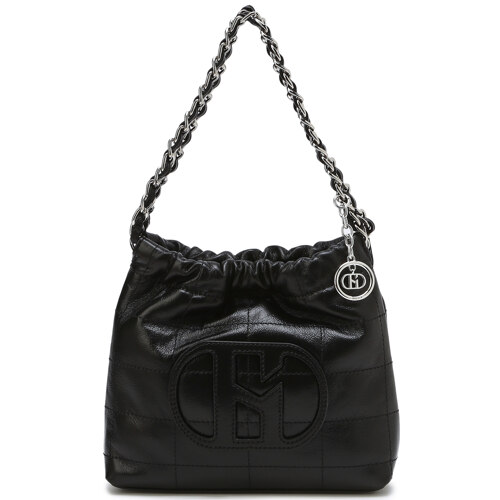 HIBA5E543SV Black H Patch Leather Quilted Silver Chain Hobo Shoulder Bag S 黑色H标拼接菱形银链肩包