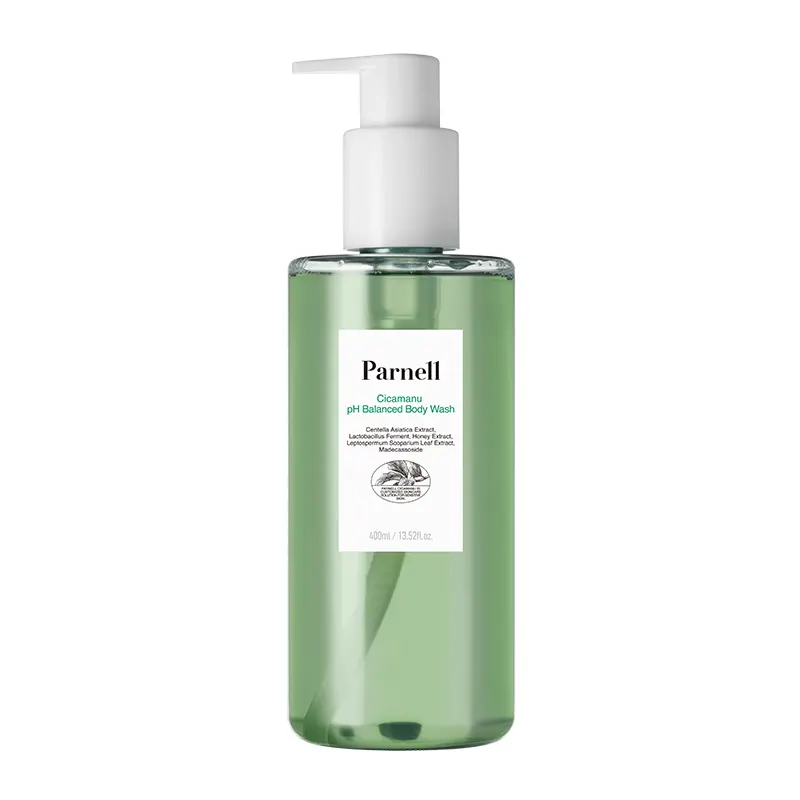 Parnell Cicamanu Slightly Acidic Body Wash in a clear green gel pump bottle, a Korean centella-based pH-balanced body wash for sensitive skin.