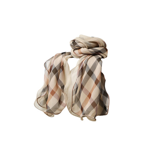브라운 체크 롱 실크 스카프