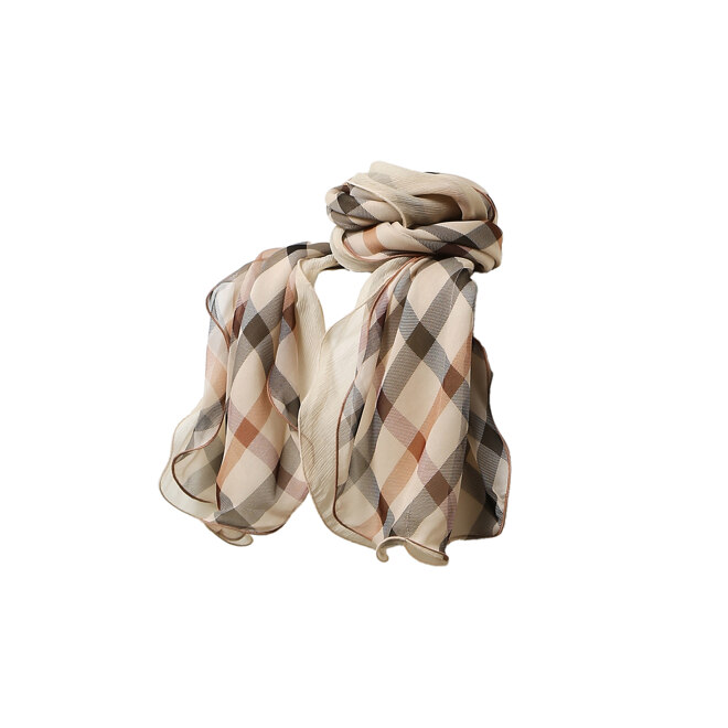 브라운 체크 롱 실크 스카프