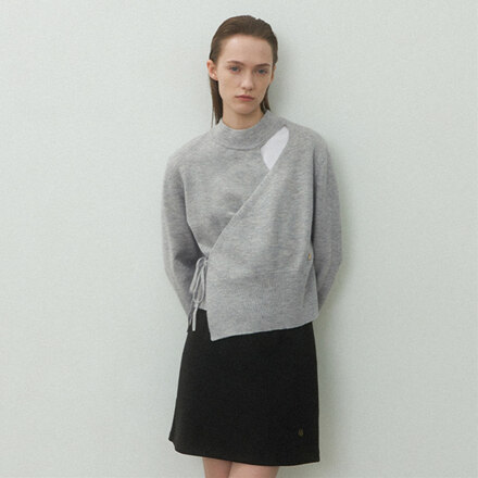 (T-6964)ESSENTIAL WRAP CUTOUT WOOL KNIT L/GY F