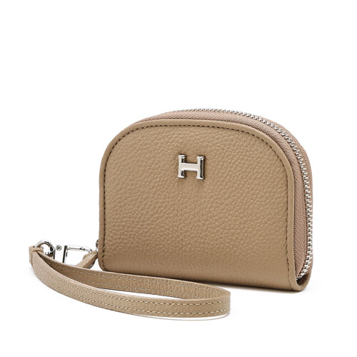 Beige Cow Leather Zip Card Wallet 卡包