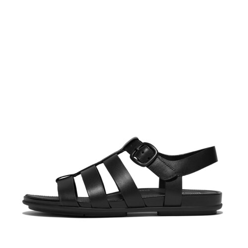 Women GRACIE RUBBER-BUCKLE LEATHER FISHERMAN SANDALS All Black