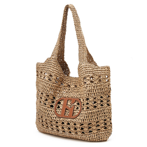 HIBA6E793I2 Beige Logo Patch Raffia 单肩包