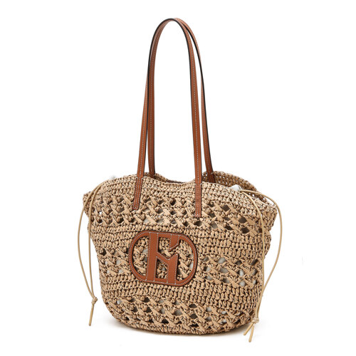 HIBA6E792I2 Beige Logo Patch Raffia 单肩包