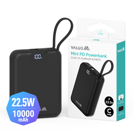 PD 22.5W 고속 CP 케이블 일체형 미니 보조배터리 10000mAh_블랙
