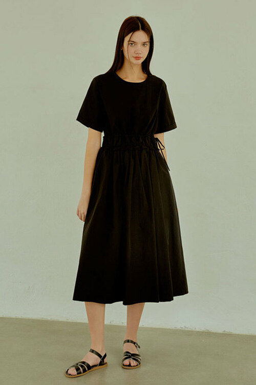 DAILY SHIRRING LONG DRESS_BLACK 连衣裙