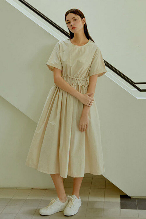 DAILY SHIRRING LONG DRESS_BEIGE 连衣裙