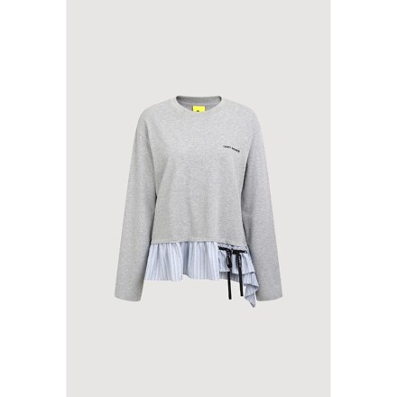 Striped Woven Color-Blocked Long-Sleeve T-Shirt (Melange Gray)