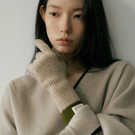Cashmere Blend Ribbed Knit Gloves - Oatmeal/Olive / 手套