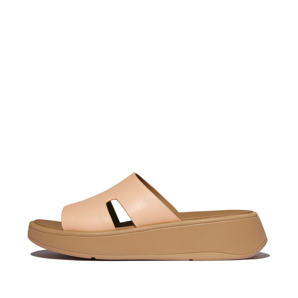 Women F-MODE RAW-EDGE LEATHER FLATFORM H-BAR SLIDES Sandy Beige