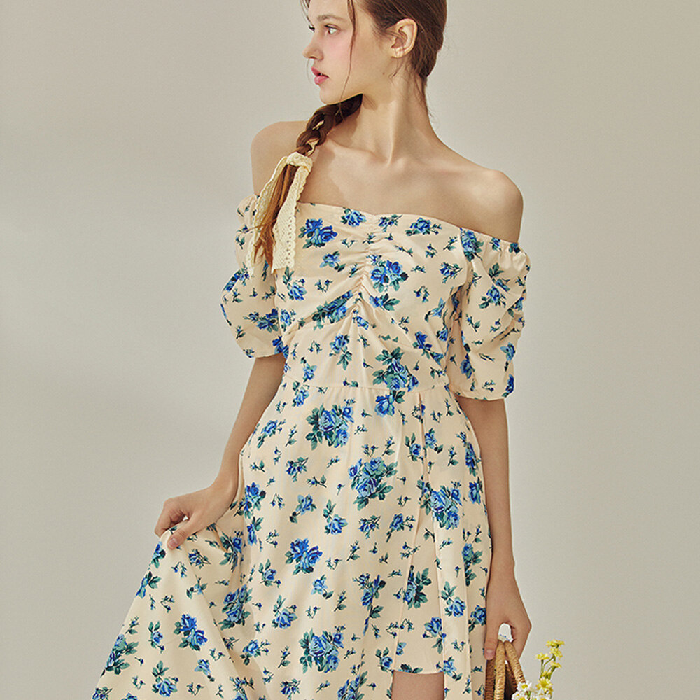 Flower Shearling Long One-Piece - Blue