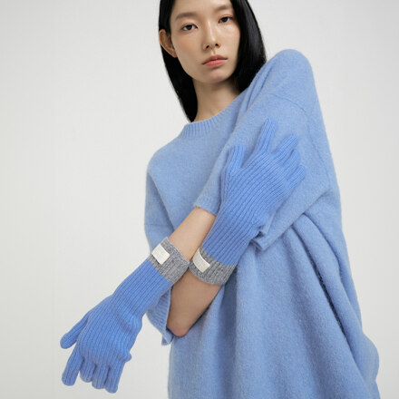 Cashmere Blend Ribbed Knit Gloves - Azure Blue/Grey / 手套