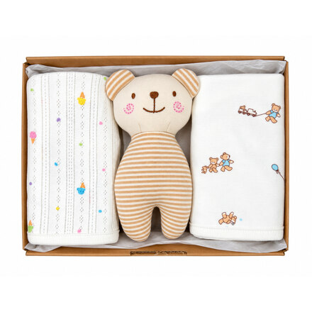 [Exclusive to Shinsegae] Non-Fluorescent Bear Rattle & Bib Gift Set (3 items) 【新世界独家】无荧光小熊摇铃围兜三件套