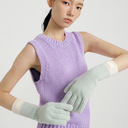Cashmere Blend Ribbed Knit Gloves - Mint/Cream / 手套