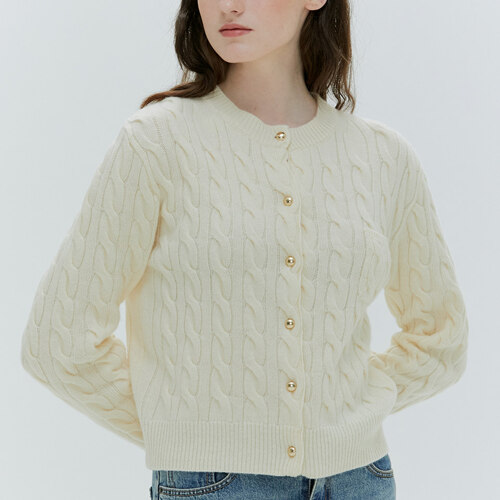 [하시] GOLD BUTTON CASHMERE CABLE CARDIGAN_IVORY_F