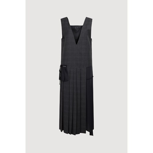 V Neck Layering Check Pleats Dress (multi color)