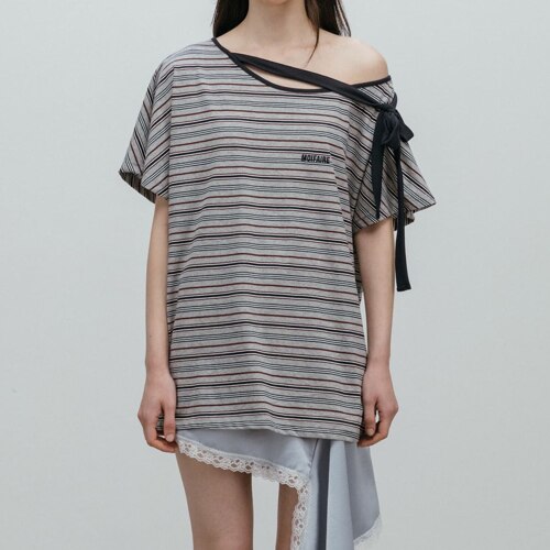 STRIPED RIBBON T-SHIRT / GREY
