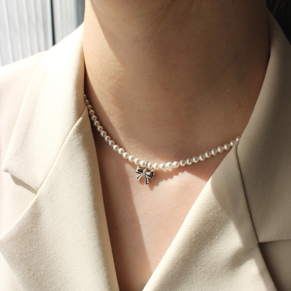★NOONOO FINGERS★ Sha Ribbon Pearl Necklace LADY RIBBON PEARL NECKLACE - NOONOO FINGERS