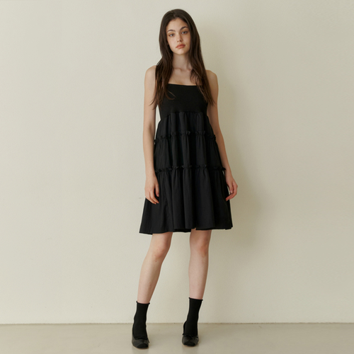 cancan shirring mini dress - black