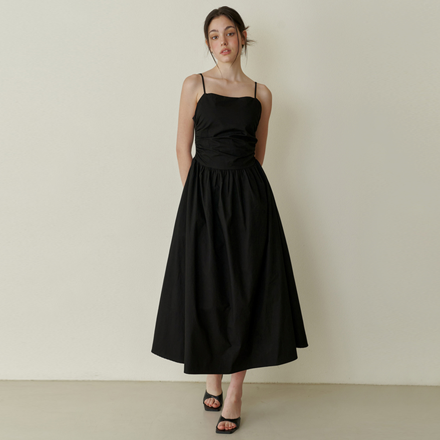 pure semi shirring long dress - black