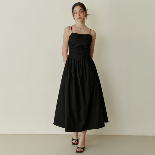 pure semi shirring long dress - black