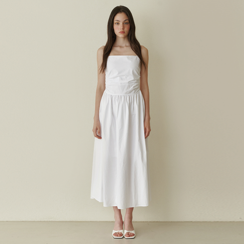 pure semi shirring long dress - white