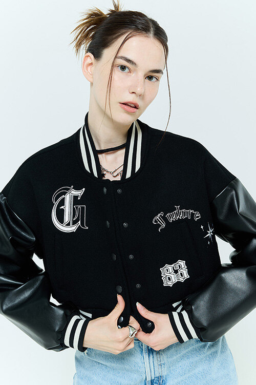 [라티젠] L6 CROP VARSITY JACKET_BLACK