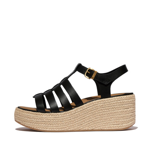 Women PLATFFORMS ESPADR. LEATHER FISHERMAN WEDGE SANDALS Black
