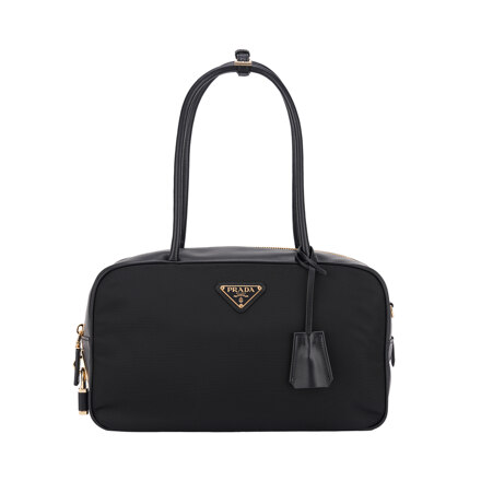 RE-NYLON AND LEATHER MEDIUM TOP-HANDLE BAG WITH PADLOCK