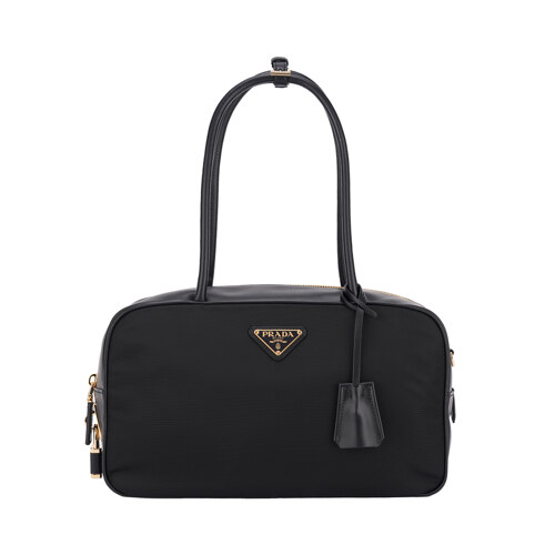 RE-NYLON AND LEATHER MEDIUM TOP-HANDLE BAG WITH PADLOCK