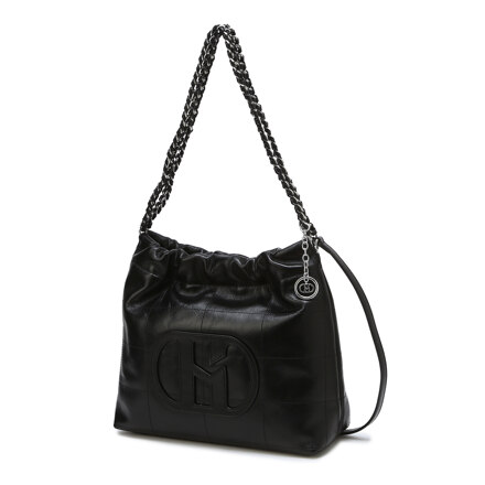 HIBA6E541BK Black H Patch Leather Quilted Silver Chain Hobo Shoulder Bag M