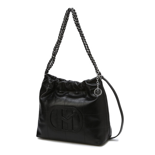 HIBA6E541BK Black H Patch Leather Quilted Silver Chain Hobo Shoulder Bag M