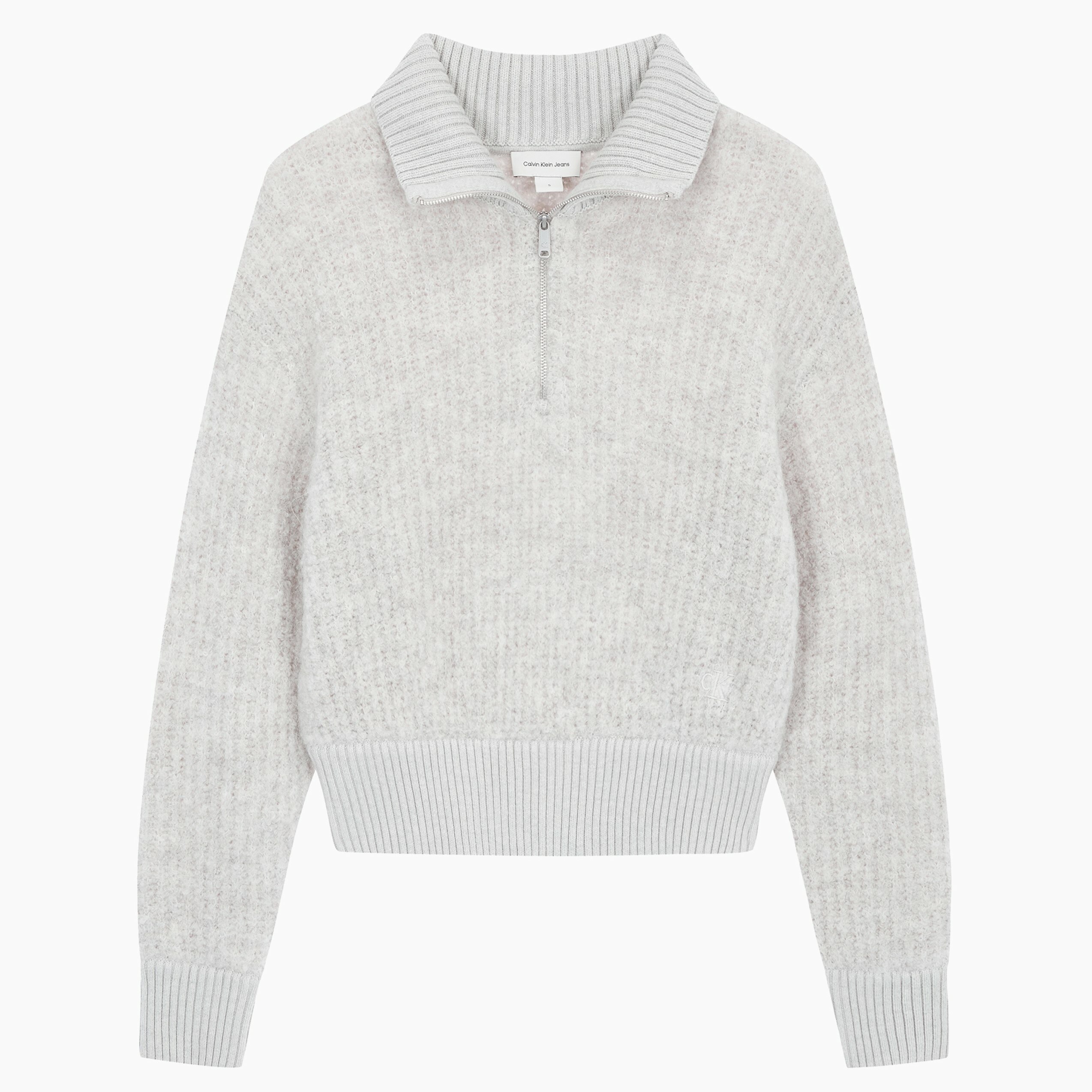 여성 크롭 하프 집 울 스웨터_LIGHT GREY HEATHER