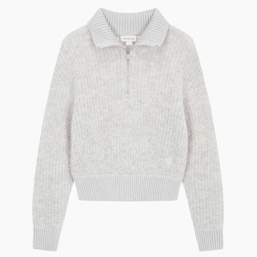 Women's Cropped Half Zip Wool Sweater_LIGHT GREY HEATHER