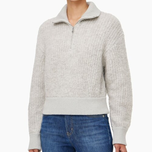 여성 크롭 하프 집 울 스웨터_LIGHT GREY HEATHER