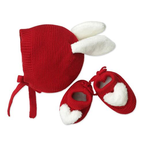 婴儿针织帽室内鞋套装 兔兔 红色